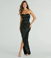 Daria Strapless Wrap Slit Slim Satin Formal Dress