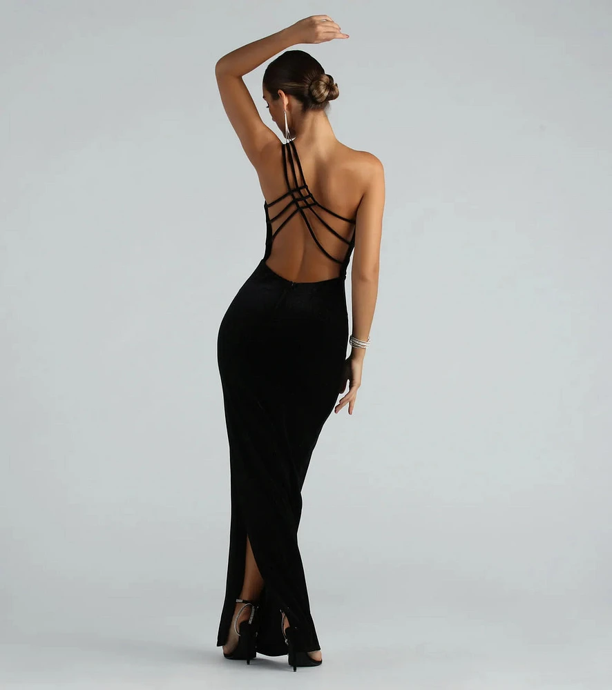 Lilian Formal Glitter Velvet Strappy Back Long Dress