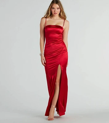 Hallie Rhinestone Satin High Slit Mermaid Dress