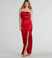 Hallie Rhinestone Satin High Slit Mermaid Dress