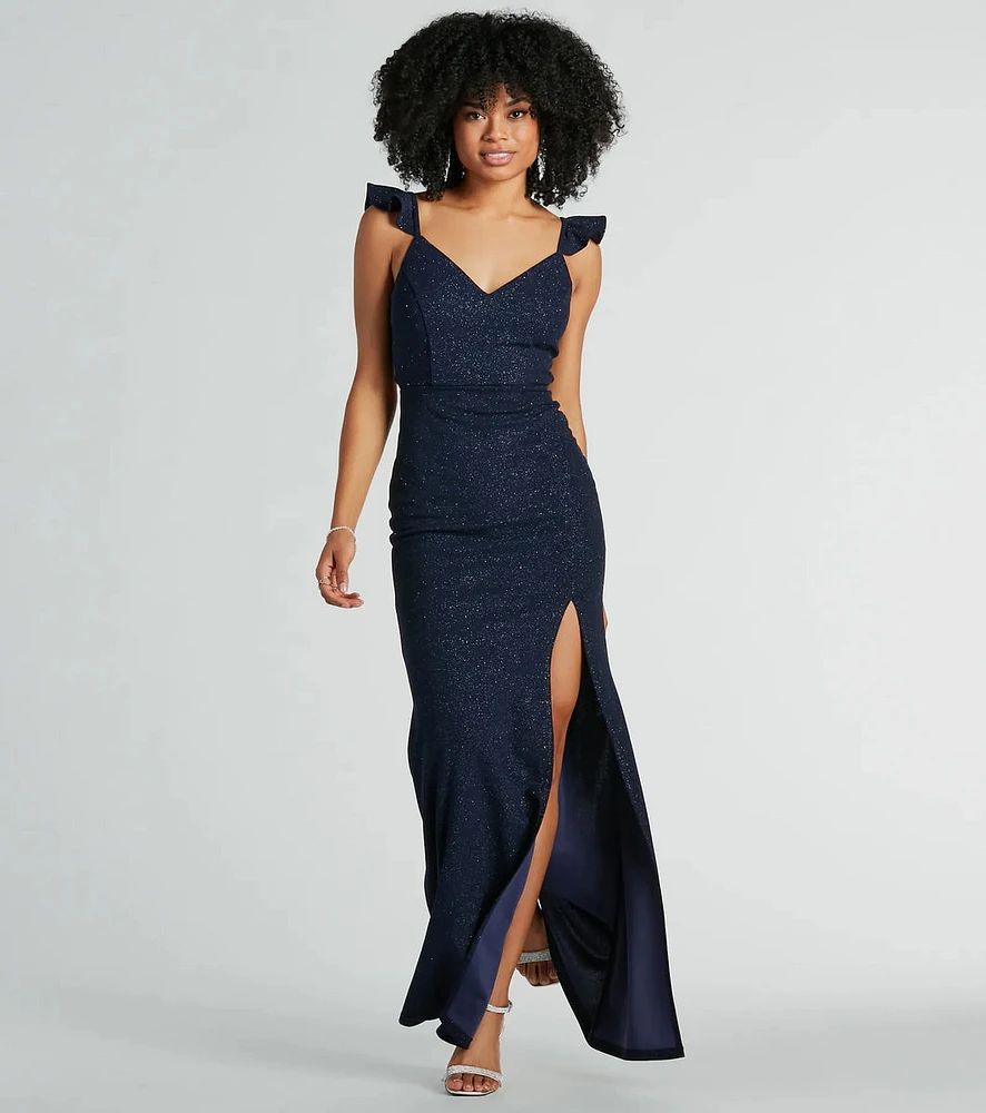 Tamera V-Neck Ruffle Mermaid Glitter Formal Dress