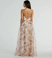 Clarissa V-Neck Rose Floral A-Line Formal Gown