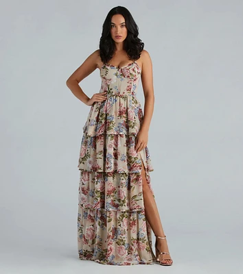 Natalie Formal Chiffon Floral Ruffle A-Line Dress