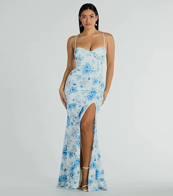 Elia High Slit Floral Crepe Mermaid Dress