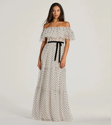 Aria Ruffled Off-The-Shoulder Polka Dot Mesh Formal Dress