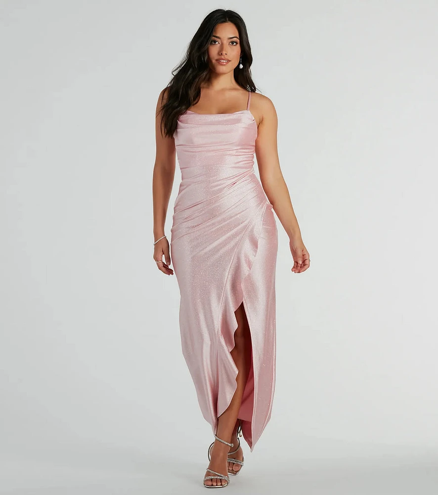 Ellen Ruffled Slit Long Glitter Formal Dress