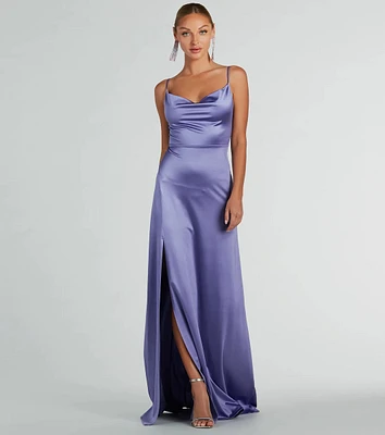 Ellie Cowl Neck A-Line Long Satin Formal Dress