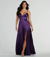 Haley Corset Slit A-Line Satin Formal Dress