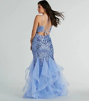 Sylvia Lace-Up Mermaid Tulle Ruffle Sequin Dress