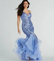 Sylvia Lace-Up Mermaid Tulle Ruffle Sequin Dress