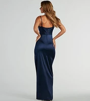 Iliana Cowl Neck High Slit Satin Formal Dress