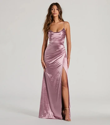 Dani Cowl Neck Lace-Up A-Line Satin Formal Dress