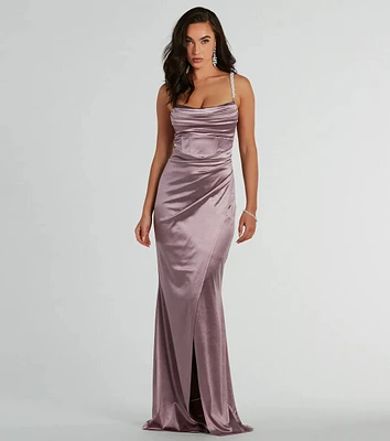 Sam Faux Pearl Strap Mermaid Satin Formal Dress