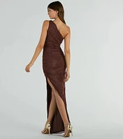 Yara One-Shoulder High Slit Glitter Mesh Formal Dress