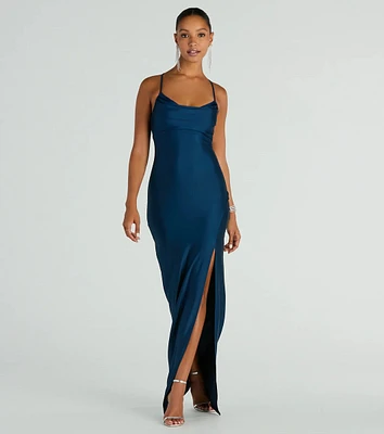 Natalie Cowl Neck Lace Up Slit Formal Dress