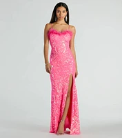 Cara Marabou Trim Mermaid Slit Sequin Formal Dress