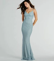 Elowyn Ruffle-Back Glitter Mesh Mermaid Dress