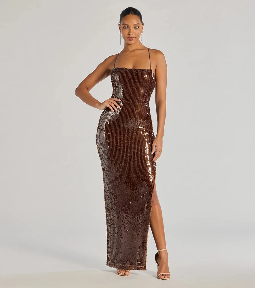 Naya Lace-Up High Slit Sequin Formal Dress