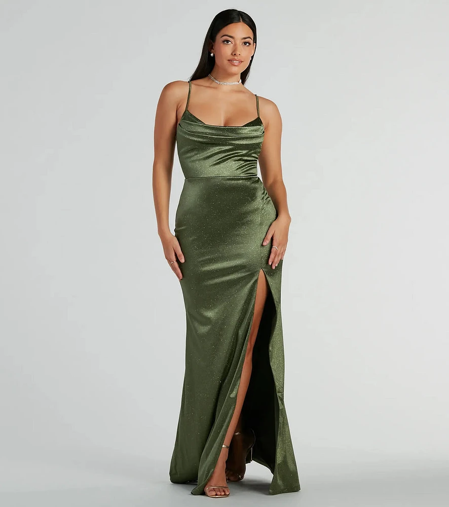 Melody Cowl Neck Mermaid Glitter Satin Formal Dress