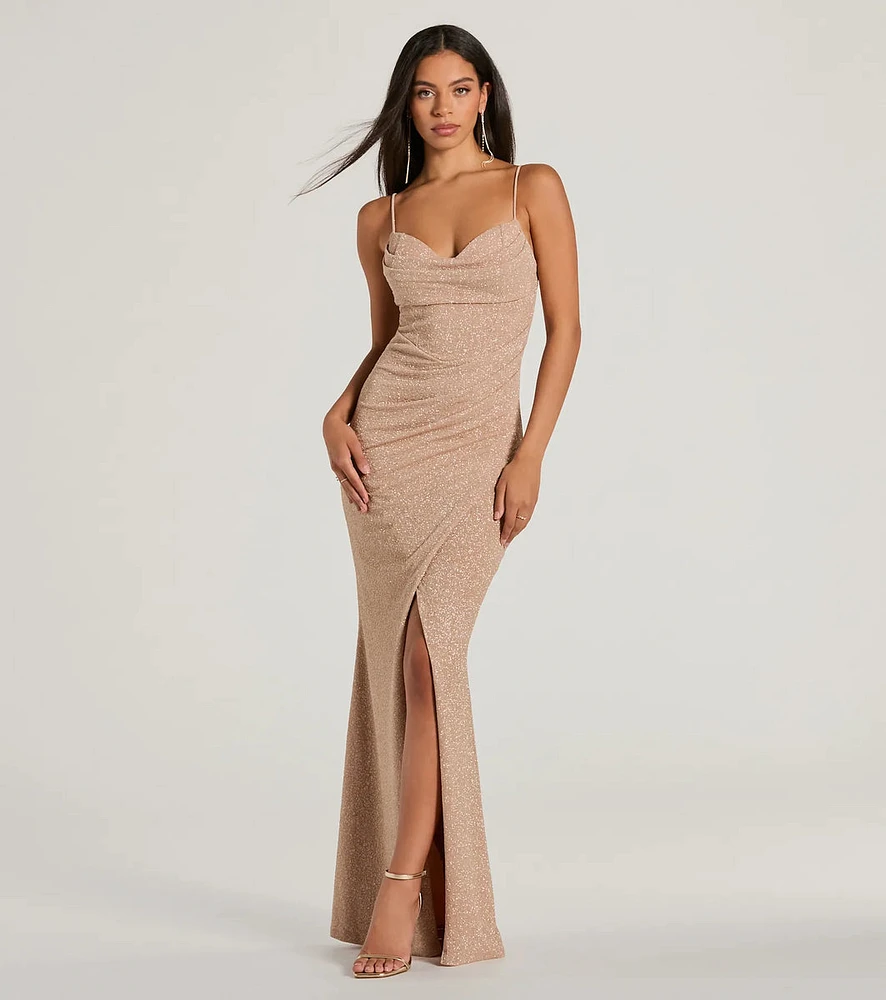 Mila Cowl Neck Wrap Slit Mermaid Glitter Formal Dress