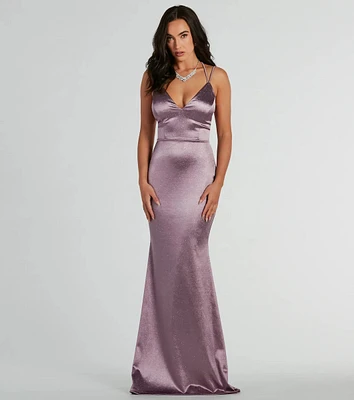 Melanie Sleeveless Lace-Up Glitter Satin Formal Dress