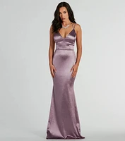 Melanie Sleeveless Lace-Up Glitter Satin Formal Dress