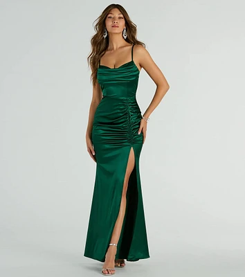 Jazmine Cowl Neck Slit A-Line Satin Formal Dress