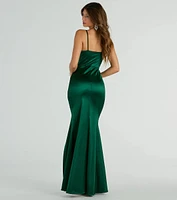 Jazmine Cowl Neck Slit A-Line Satin Formal Dress