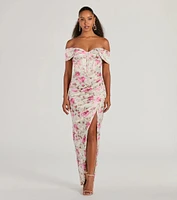 Mildred Off-The-Shoulder Floral Satin Formal Dress