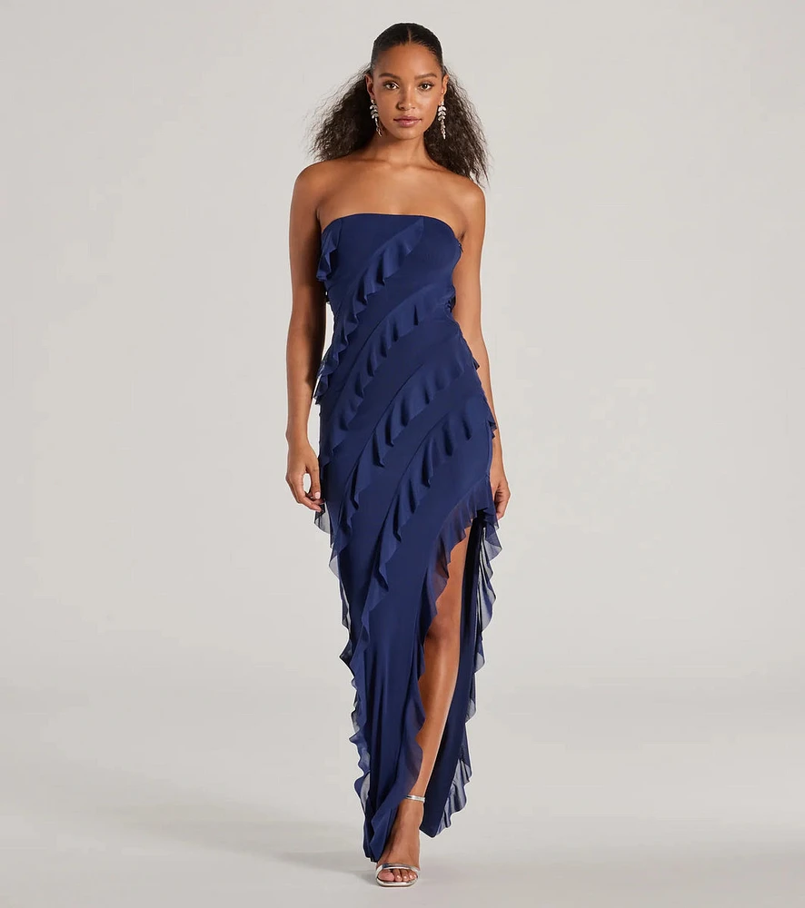 Gabby Formal Mesh Strapless Ruffle Long Dress