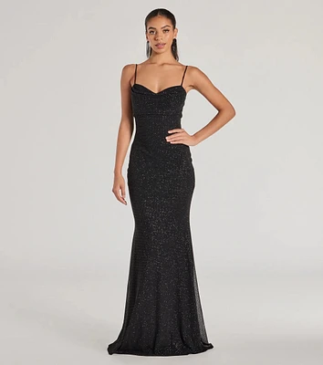 Aileen Sleeveless Glitter Mesh Mermaid Dress