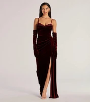 Inez Beaded Applique Velvet Formal Dress With Gloves