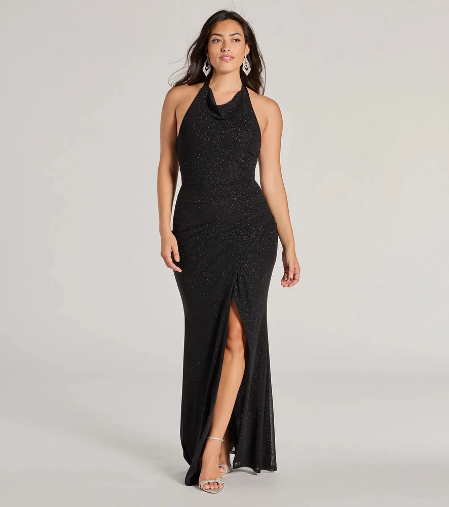 Isabelle Halter Cutout Glitter Slim Formal Dress