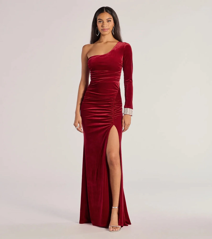 Lyra Velvet One-Shoulder Rhinestone Cuff Mermaid Dress