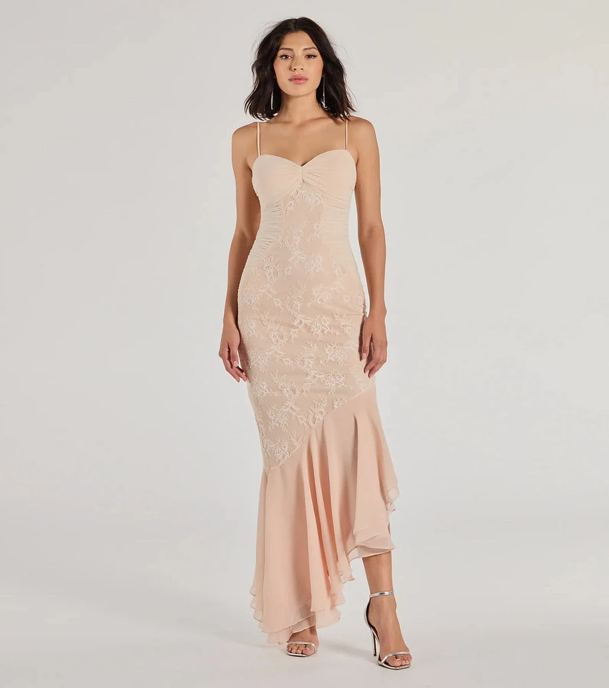 Brinley Lace Chiffon Asymmetric Mermaid Dress