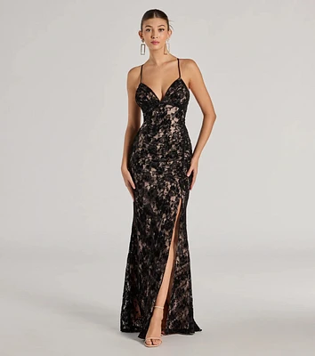 Mckenna Velvet Flocked Lace Mermaid Dress