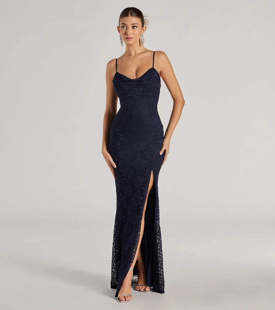 Romina Lace Cowl Neck High Slit Mermaid Dress