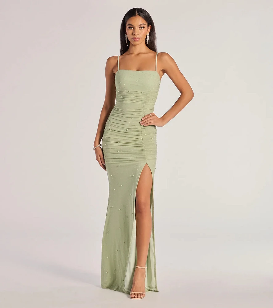 Annika Pearl And Rhinestone Ruched Mesh Mermaid Dress