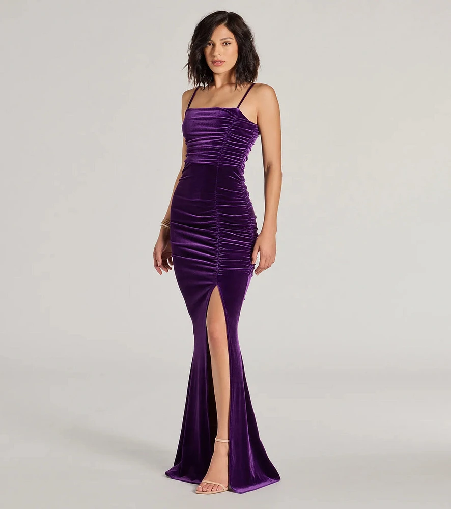 Alondra Ruched Velvet Front Slit Mermaid Dress