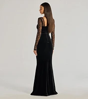 Jaya Long Sleeve Lace And Velvet Mermaid Dress