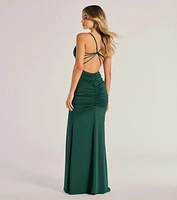 Estelle Strappy Open-Back Ruched Mermaid Dress