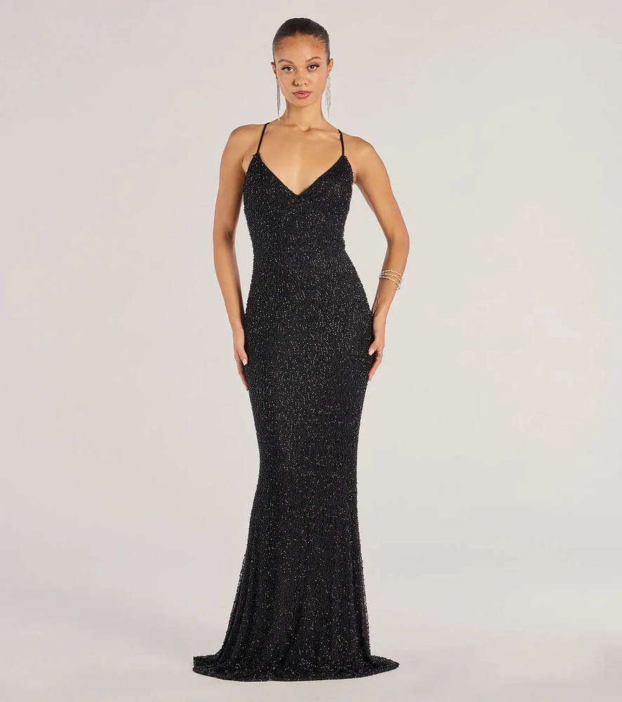 Rani Sleeveless Strappy Open-Back Beaded Mermaid Dress