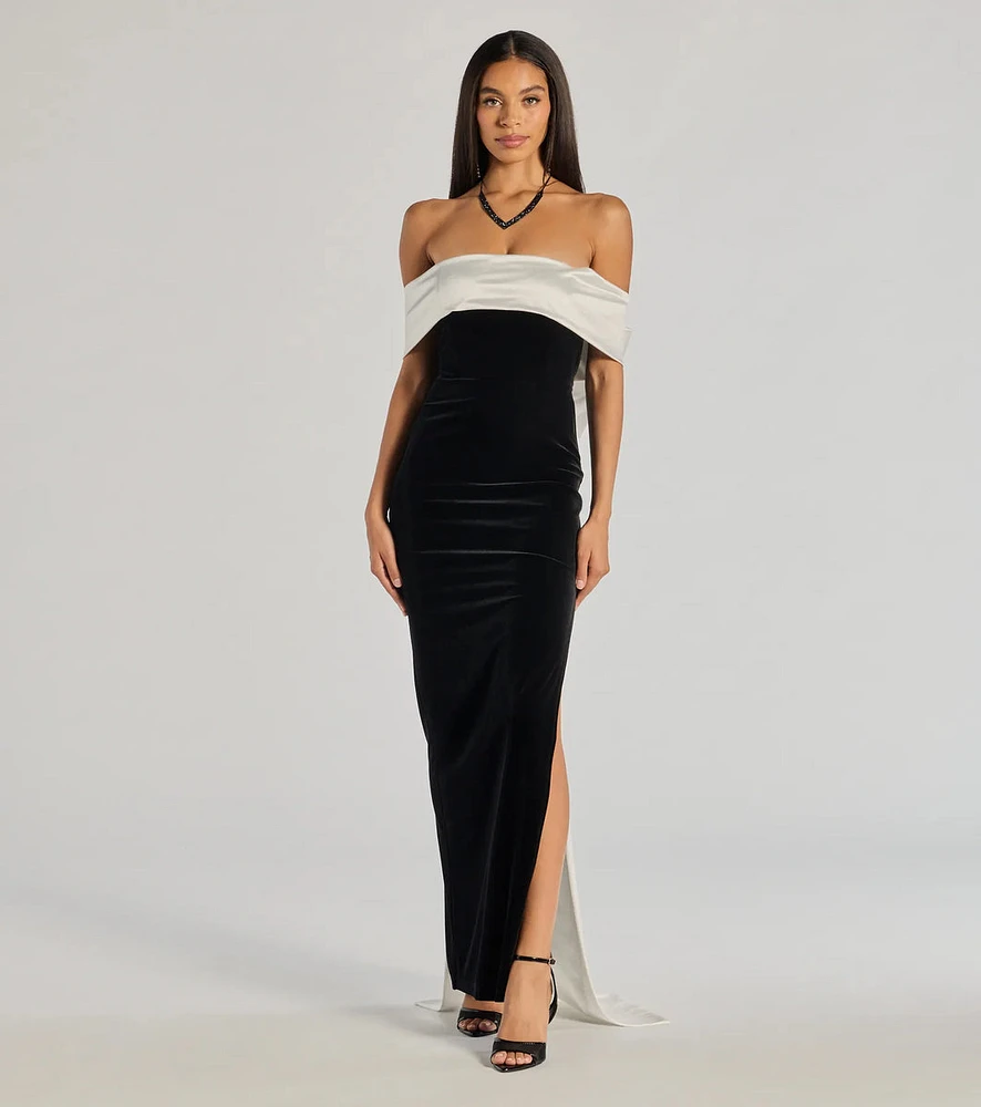 Verona Off-The-Shoulder Bow Back Velvet Formal Dress