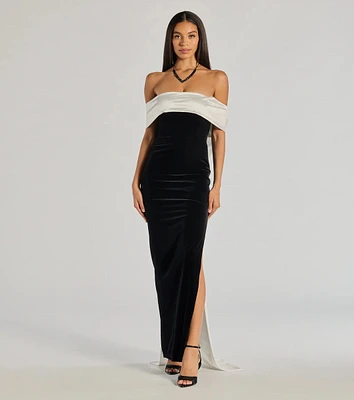 Verona Off-The-Shoulder Bow Back Velvet Formal Dress