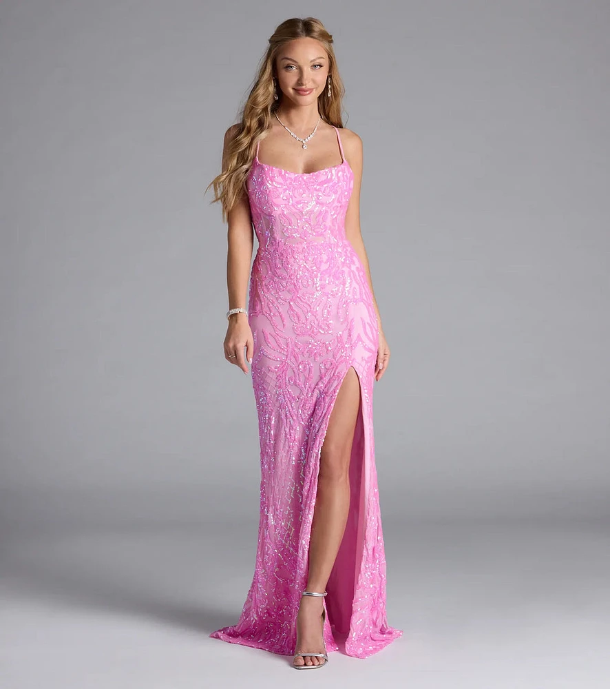 Lani Lace-Up Slit Mermaid Sequin Formal Dress
