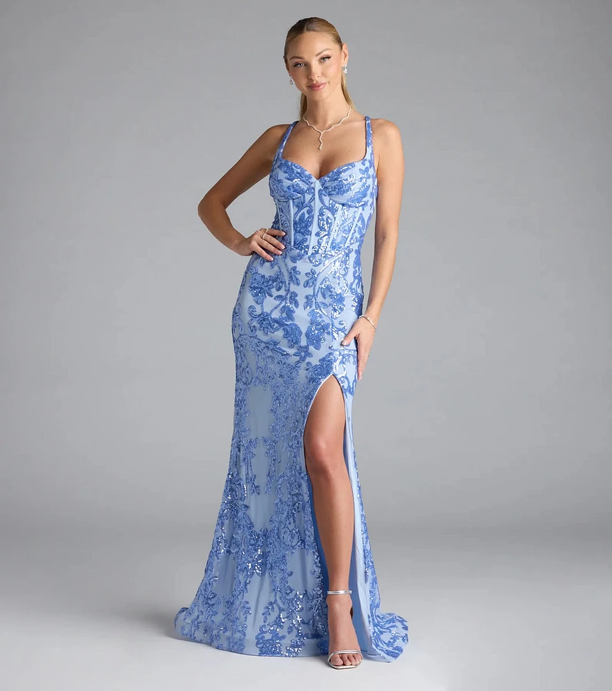 Jaide Lace-Up Corset Slit Sequin Formal Dress