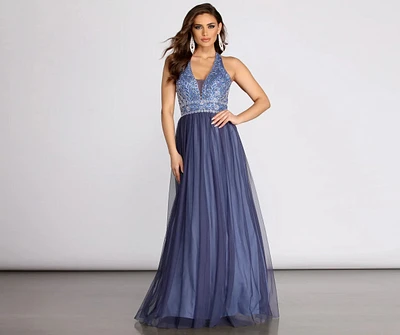 Taji Halter Applique Mesh Ball Gown