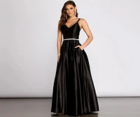 Caris Rhinestone Trim Satin Dress