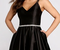 Caris Rhinestone Trim Satin Dress