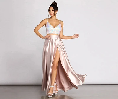 Inez Iridescent Sequin Two Piece Satin Dress